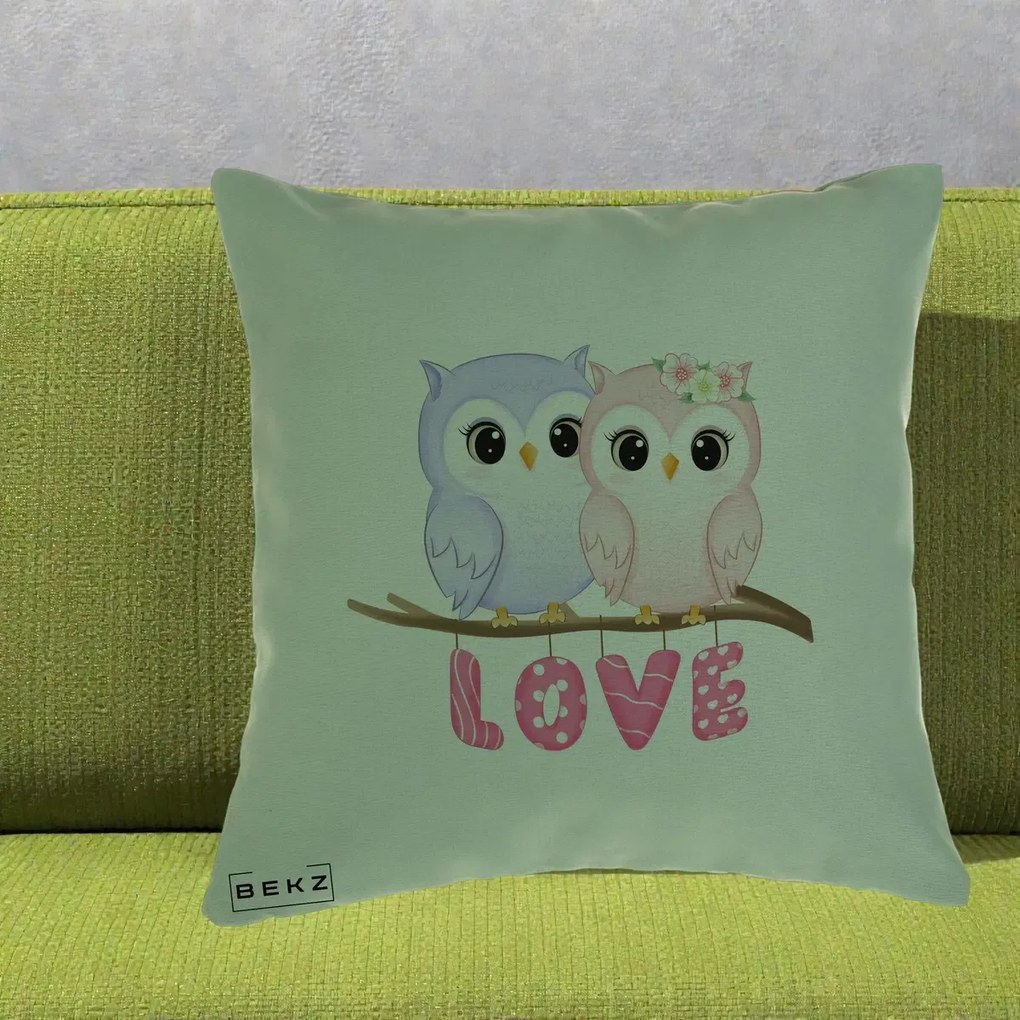 Perna Decorativa Love Bufnite Indragostite pe Crenguta Roz si Mov, 40x40 cm, Verde, Husa Detasabila, Perna Inclusa, BEKZ®