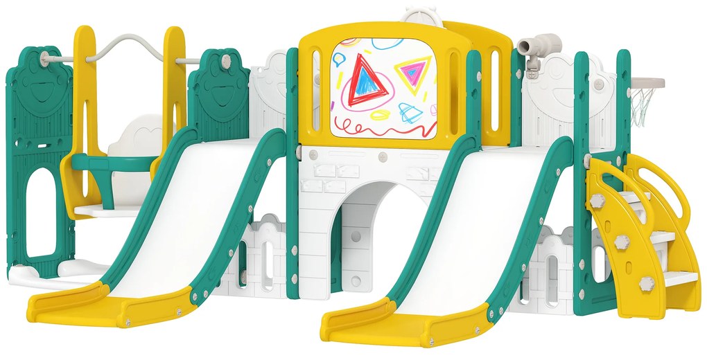 AIYAPLAY Set de topire și leagăn 9 în 1 pentru Copii, cu Coș de Baschet, Telescop, Tablă de Desen, Design de Broască, Galben+Verde | Aosom Romania