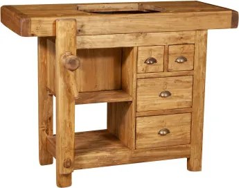 Mobilier de baie, L116 63 H90 cm, 4 sertare, natur, lemn masiv, chiuveta din marmura