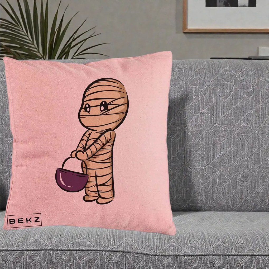 Perna Decorativa Halloween Mummy Kawaii cu Cos, 40x40 cm, Roz, Husa Detasabila, Perna Inclusa, BEKZ®
