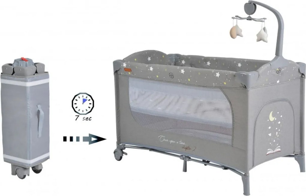 Patut pliant transformabil in tarc copii NOVOKIDS™ Onceuponatime NEST, 62X125 cm, 2 Niveluri, Jucarie Carusel muzical, Fermoar acces lateral, Gri
