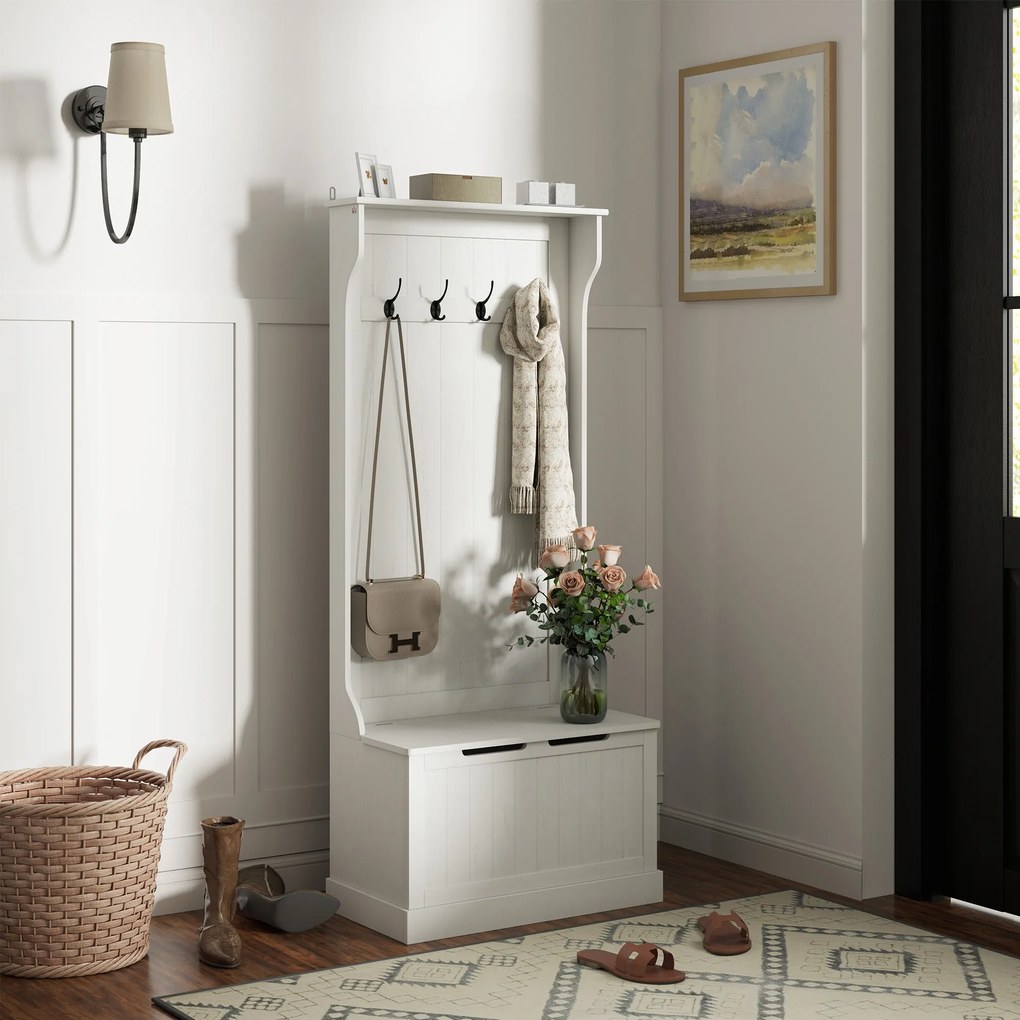 HOMCOM Cuier pantofar cu bancă de depozitare 4 cârlige Stil modern 71,5x39,5x170 cm Alb | Aosom Romania