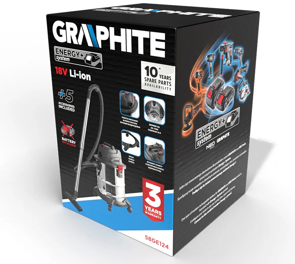 Aspirator Energy+ 18V Li-lon pentru aspirare umedă/uscată, rezervor 20 l, fără baterie 58GE124