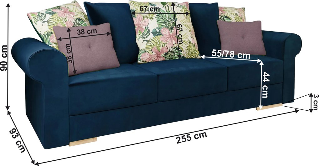 Canapea extensibilă cu spaţiu de depozitare, albastră/roz/cu model, SMOKY