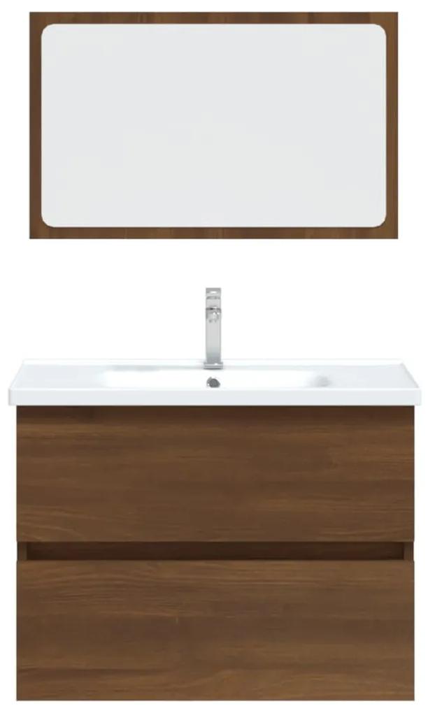 Set mobilier de baie, 2 piese, stejar maro, lemn prelucrat Stejar brun, Dulap pentru chiuveta + oglinda, 1