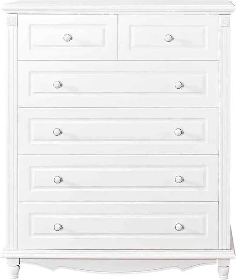 Comodă lemn masiv alb Elizabeth 6 sertare, 100 × 47 × 119 cm