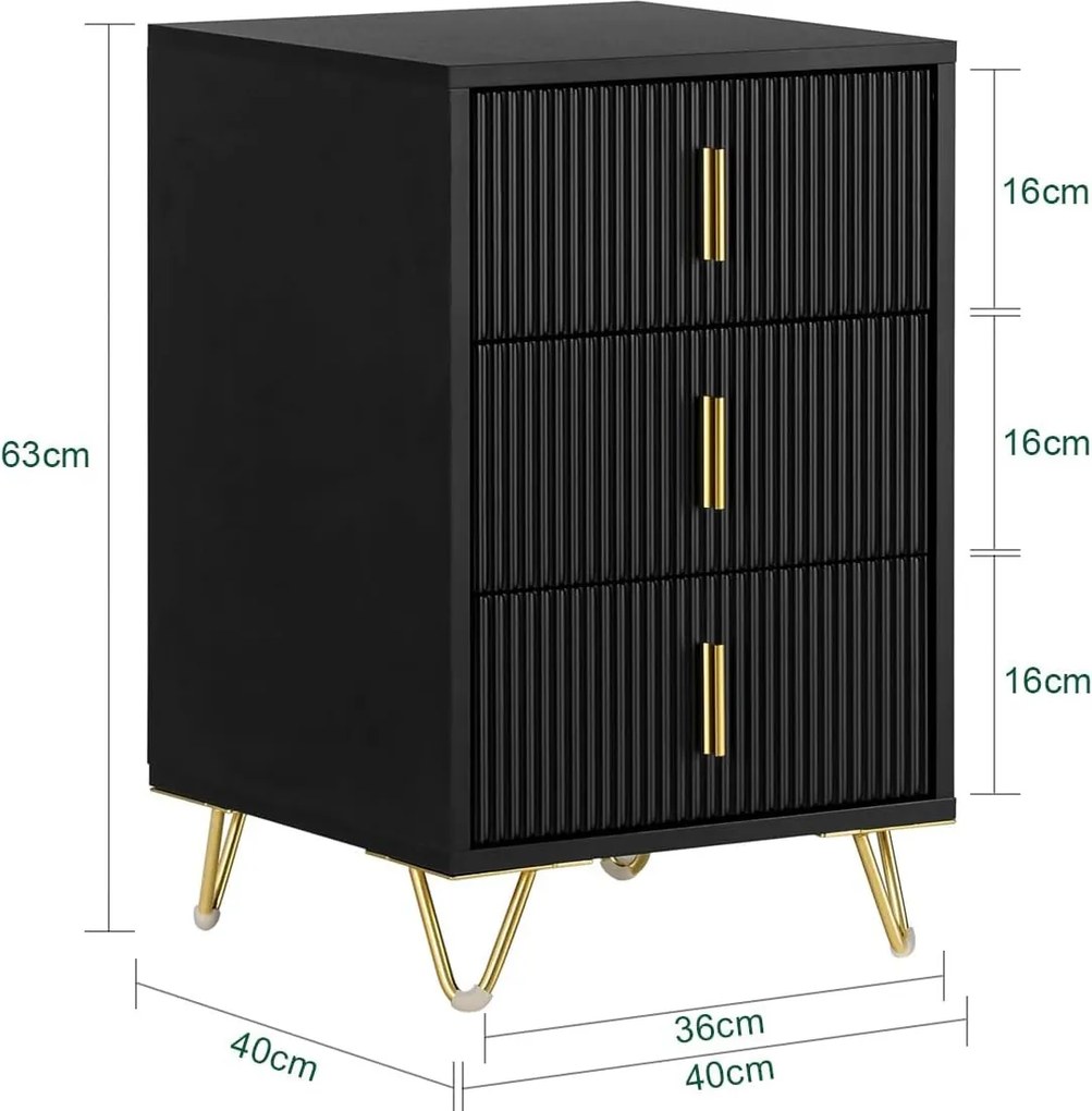 NON12 - Set 2x Noptiere negre 40x40x63cm, riflaje, cu 3 sertare, dormitor - Negru-Auriu