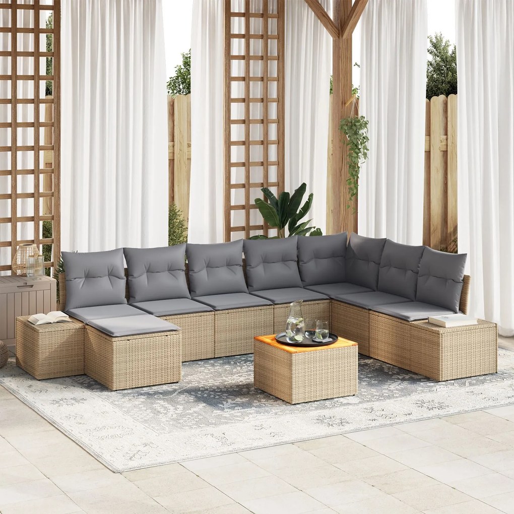 vidaXL Set canapea de grădină 9 piese cu perne bej din rattan și acacia