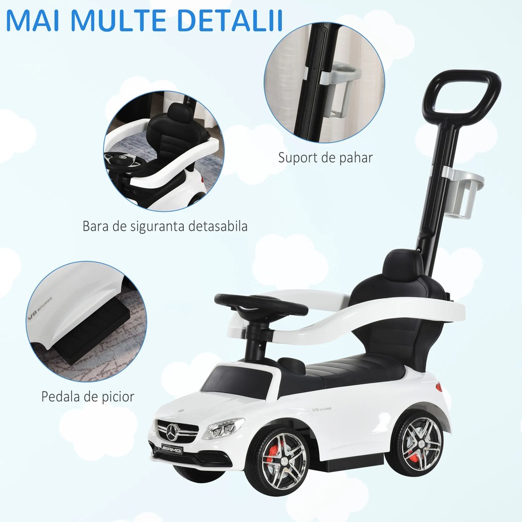 Masina pentru copii 12-36 luni HOMCOM cu maner si bare de siguranta detasabile, licenta Mercedes, alb | Aosom Romania