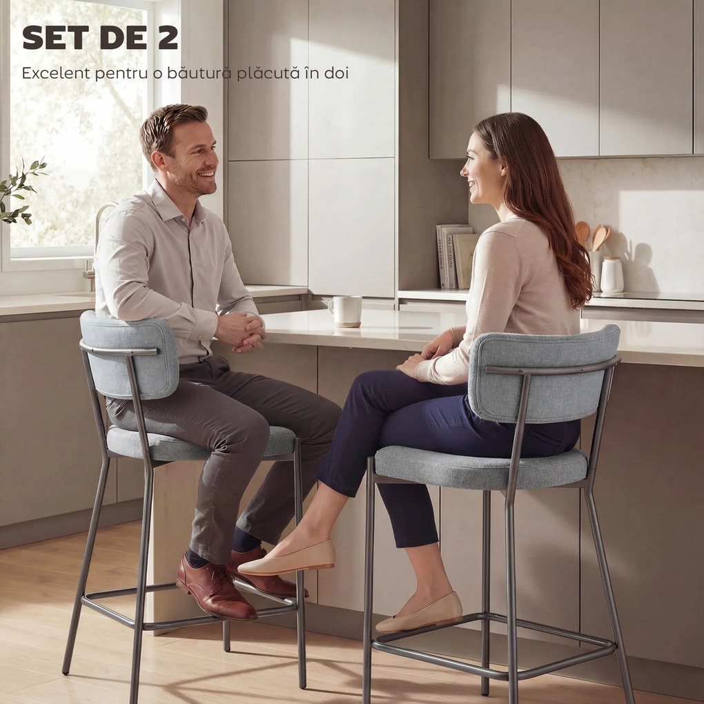 HOMCOM Set de 2 Scaune de Bar cu Spătar și Tapițate, Scaune Înalte din Material Textil cu Bară pentru Sprijinirea Picioarelor și Structură Metalică, Ușor de Asamblat, Gri Deschis | Aosom Romania