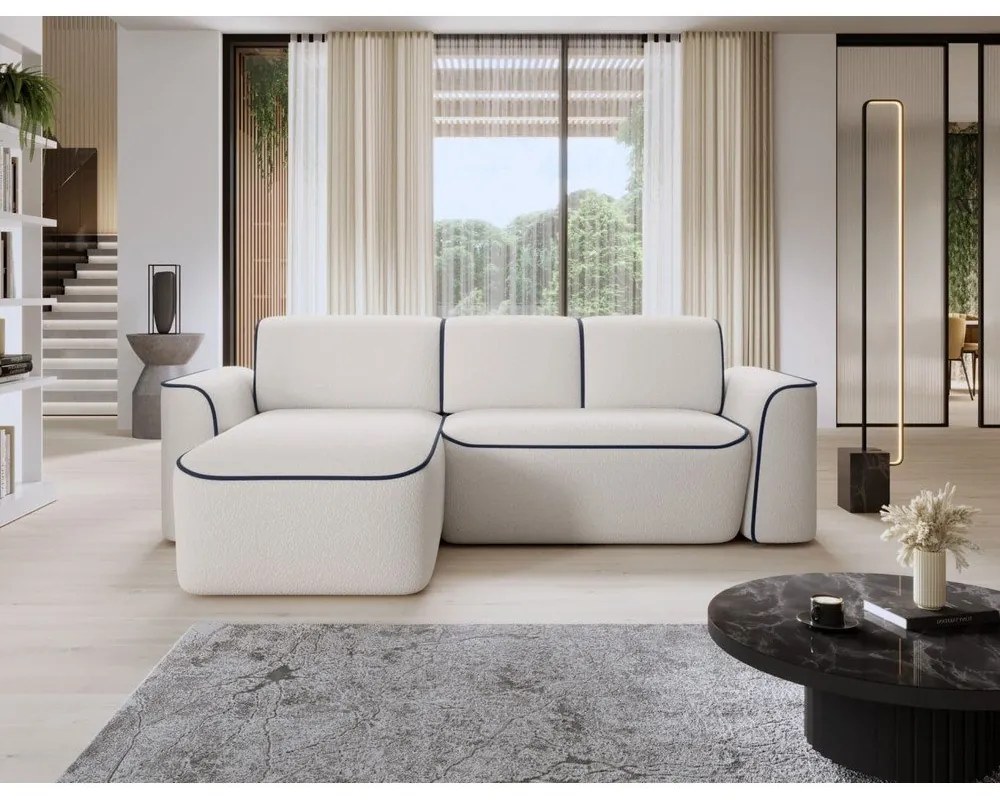 Colțar albastru/crem cu tapițerie din țesătură bouclé (cu colț pe partea stângă/cu șezlong) Ume – ELTAP