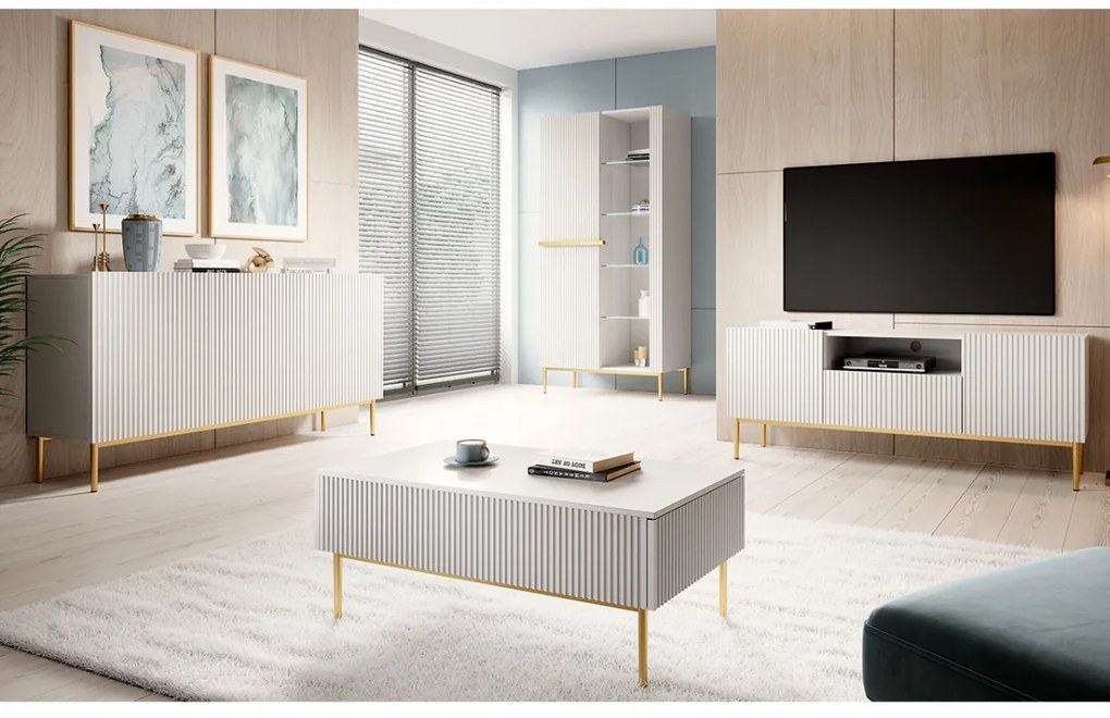 Comodă Nicole 150 cm cu 3 uși, fronturi riflate - alb mat / picioare aurii