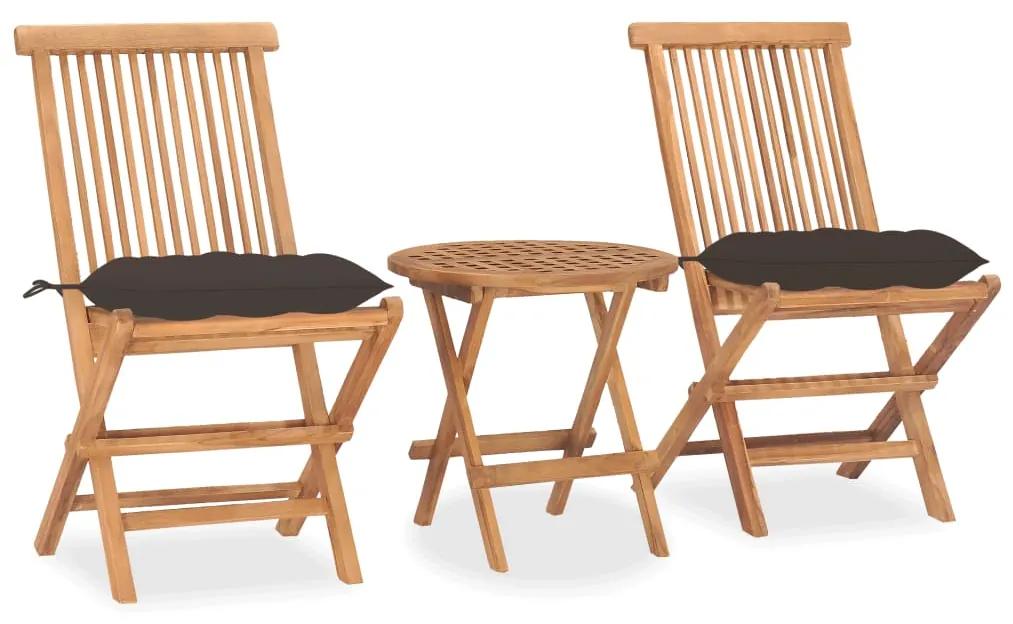 Set mobilier de exterior pliabil, cu perne, 3 piese, lemn masiv tec Gri taupe, 3