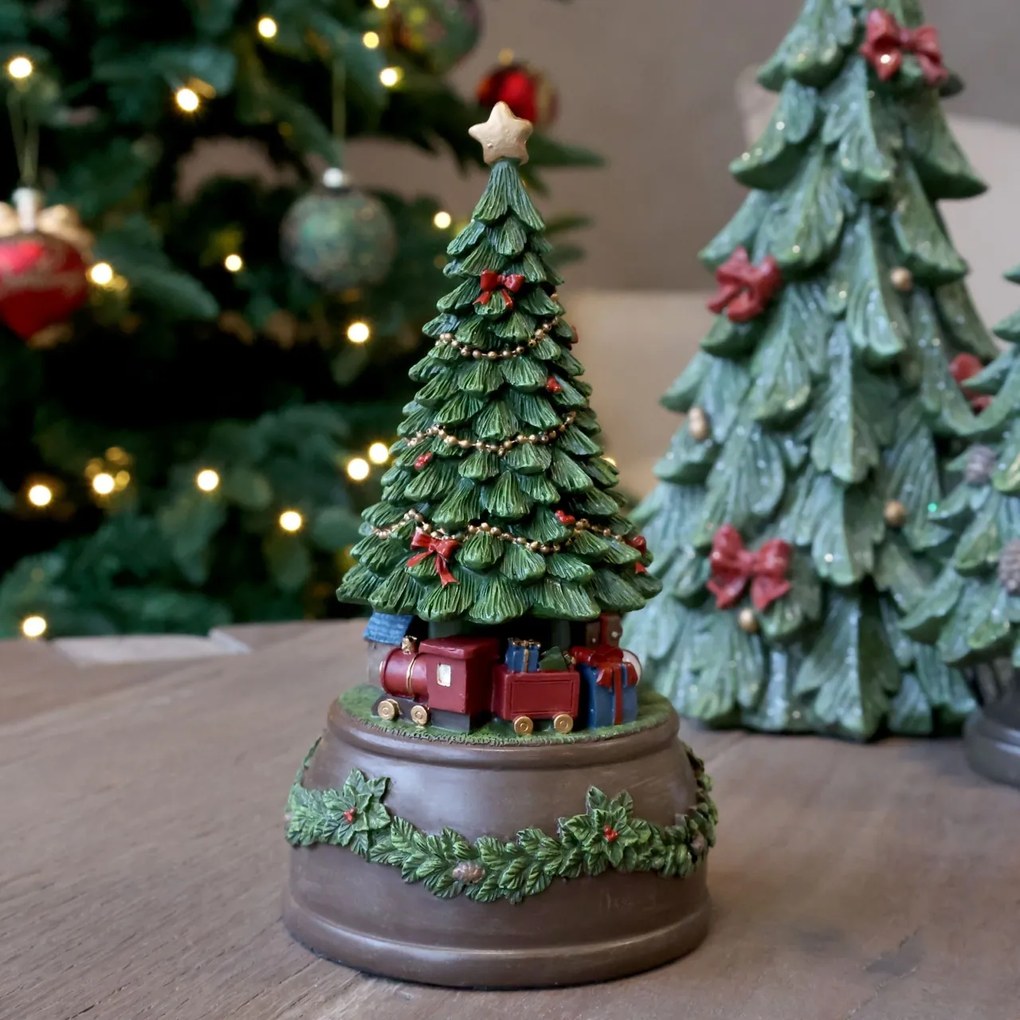 Decorațiune cutie muzicală, din acril, pictată manual, cu brad de Crăciun rotativ și melodie Jingle Bells, 10x19 cm, „Noël"