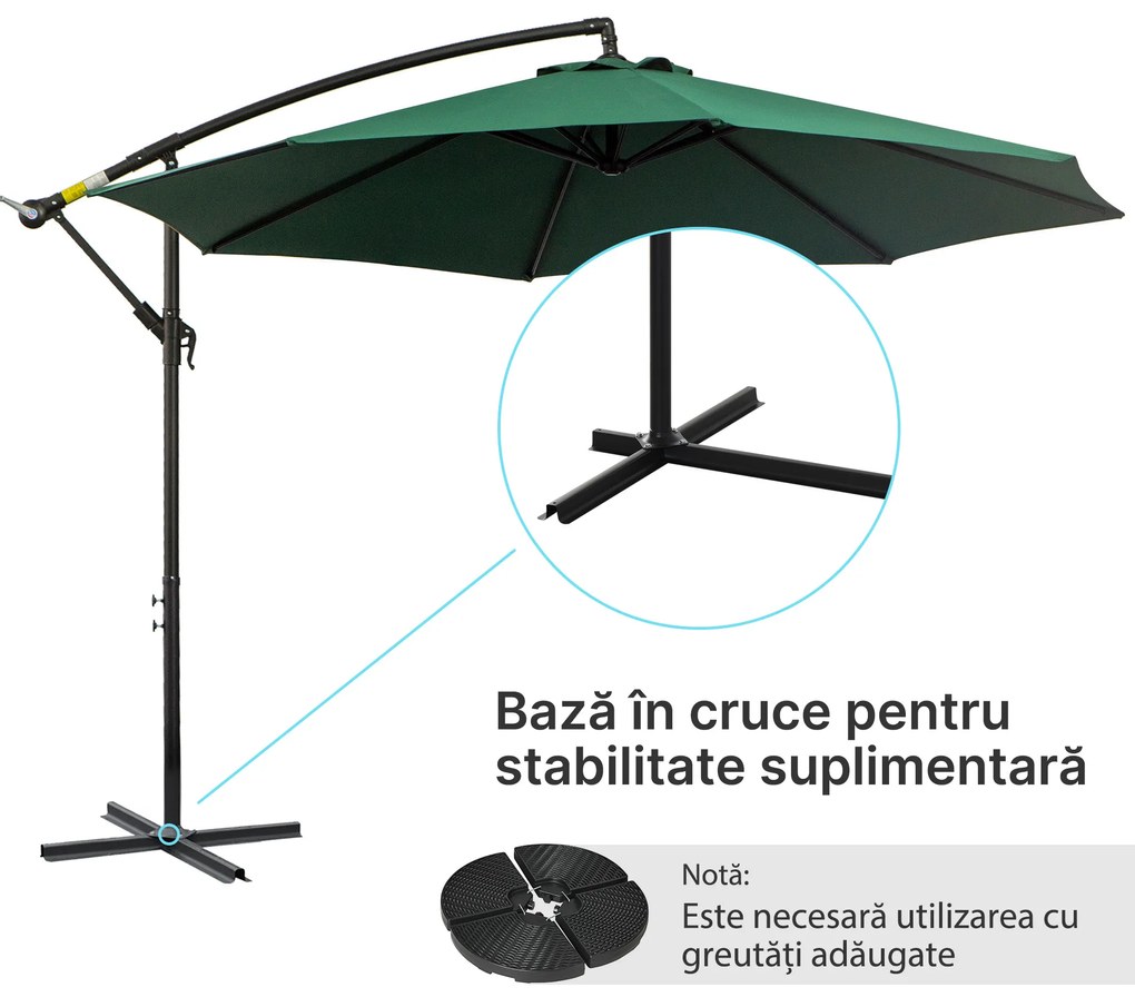 Umbrela Impermeabila cu Brat Lateral Outsunny, Structura Otel, Verde Φ300x250cm | Aosom Romania