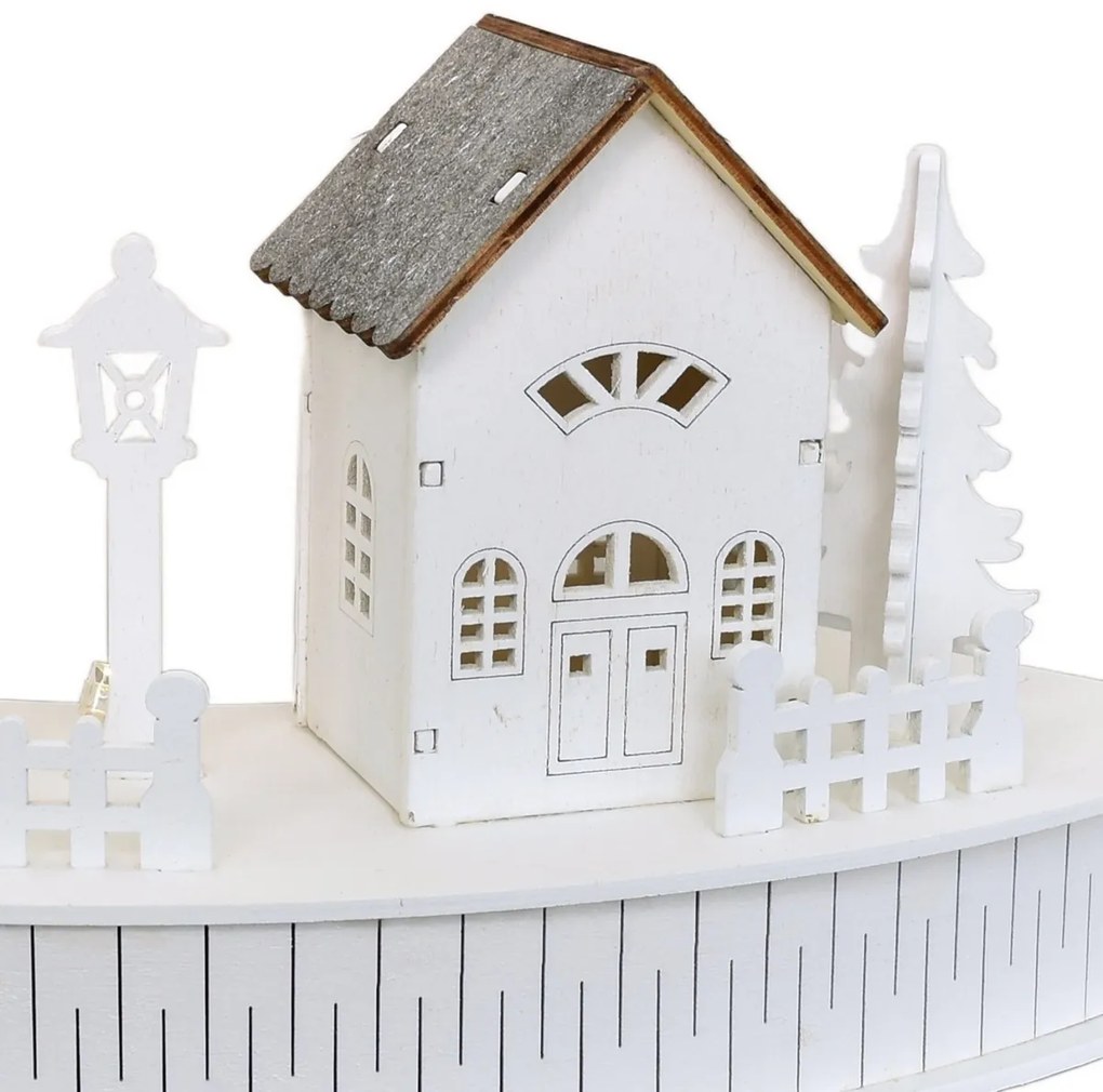 Decorație luminoasă din lemn cu LED-uri, sat cubiserică, 40 x 14 x 20 cm, semicirculară