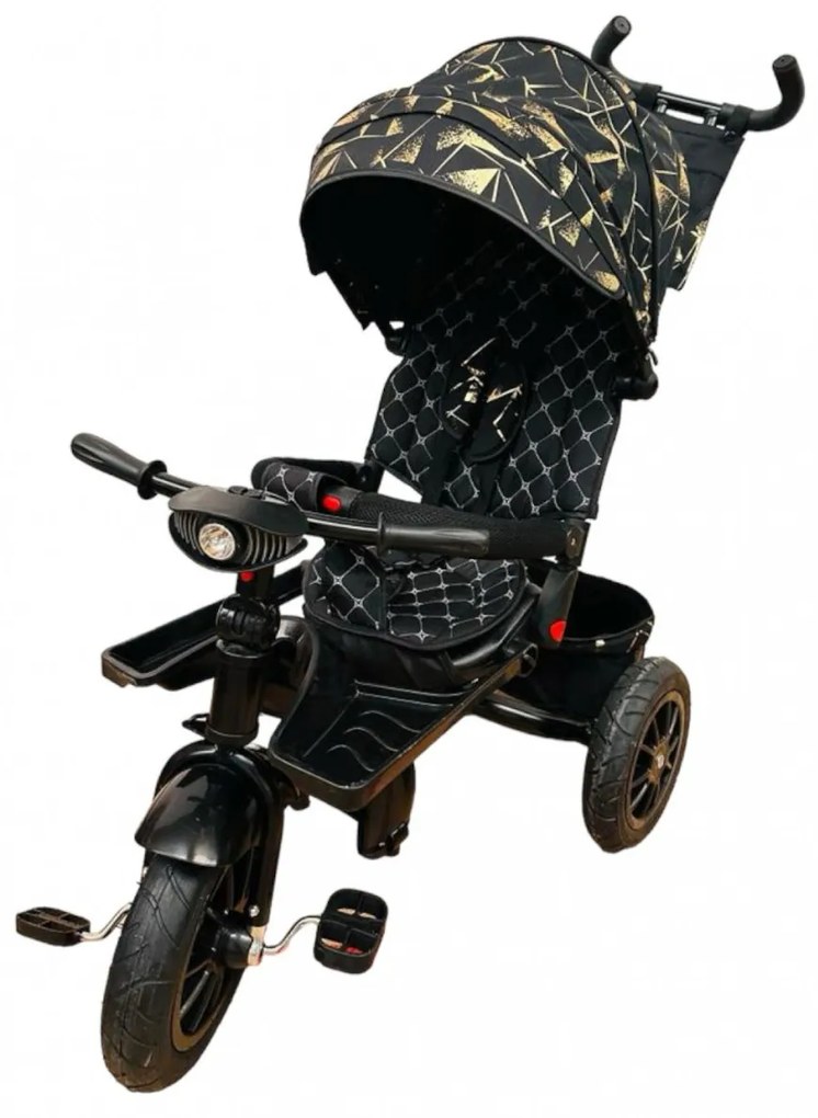 Tricicleta cu pozitie de somn, muzica si lumini, 8 luni - 4 ani, Roti Cauciuc Plin, Negru-Auriu- TMR-47-negru-auriu