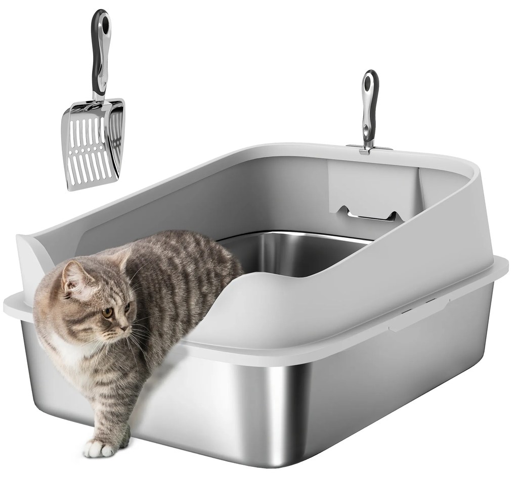 PawHut Arenero pentru Pisici din Oțel Inoxidabil XXL cu Margini Înalte Lopată Ușor de Curățat Test de Scurgeri 70x50x30 cm Gri | Aosom Romania