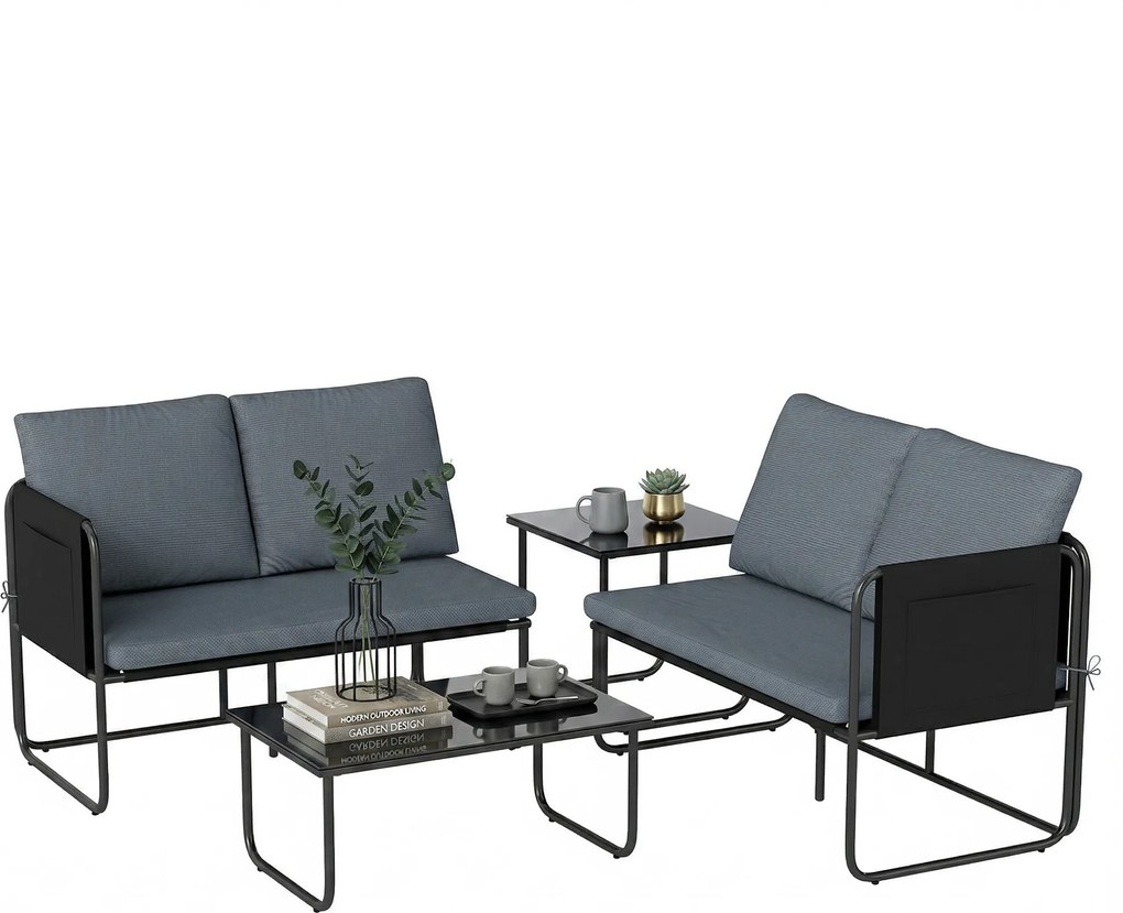 Outsunny Set Grădină Exterior 4 Piese cu 2 Canapele 2 Locuri 2 Mese cu Sticlă Perne Huse Detașabile și Buzunare Gri | Aosom Romania