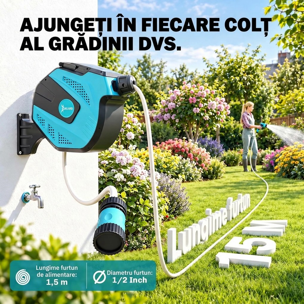DURHAND Tambur cu Furtun de 15 m Retractabil cu 7 Moduri de Irigare și Kit de Montare, 44x22,5x41 cm, Negru | Aosom Romania