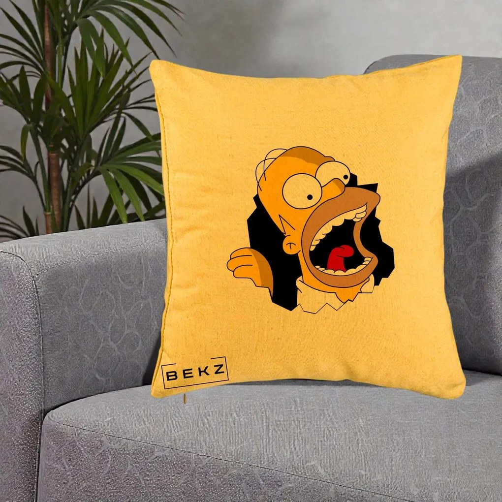 Perna Personalizata Homer Simpson Surpriza, 40x40 cm, Galben, Husa Detasabila, Perna Inclusa, BEKZ®