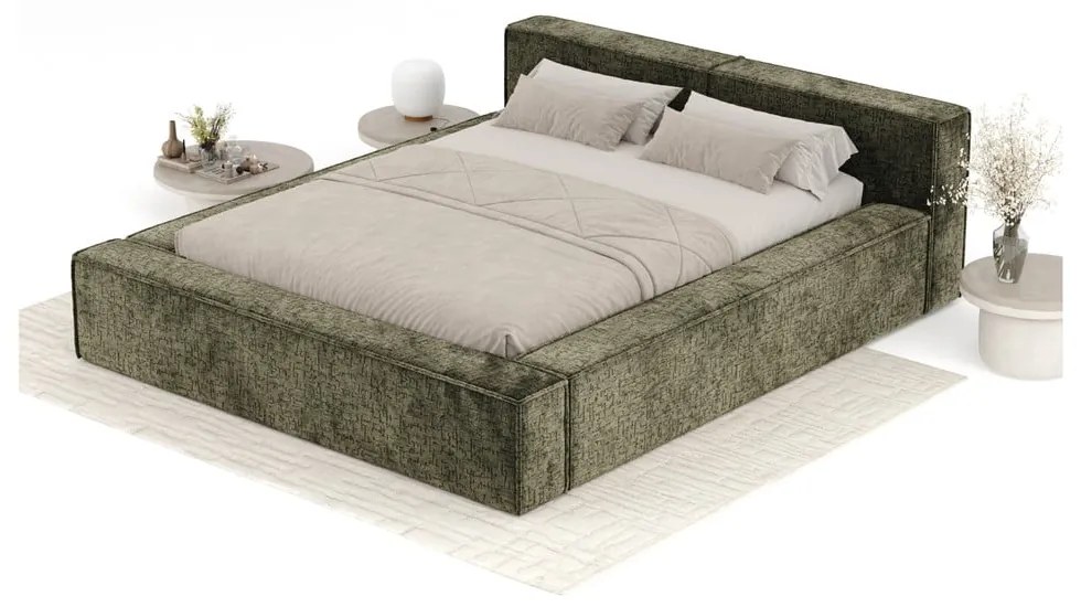 Pat matrimonial verde închis tapițat cu spațiu de depozitare cu somieră 180x200 cm Voliera – Maison de Rêve