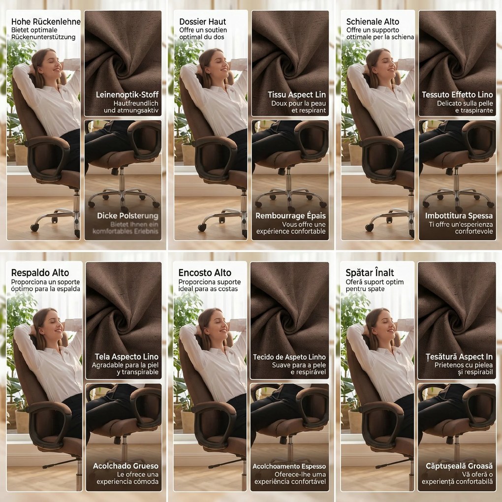 Vinsetto Scaun de Birou Ergonomic Inclinabil și Rotativ în Țesătură cu Aspect de In cu Tetieră, Maro | Aosom Romania