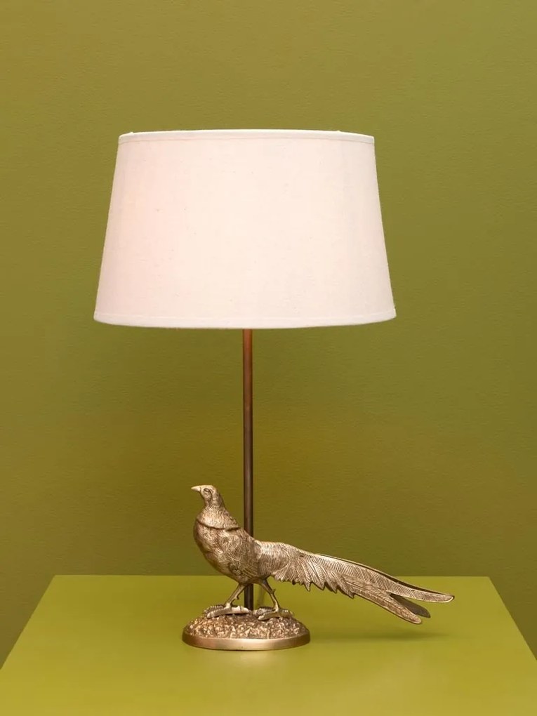 Lampă de masă din bumbac bej, cu structură din alamă aurie în formă de fazan, finisaj vintage, 48×30 cm, „Pheasant"