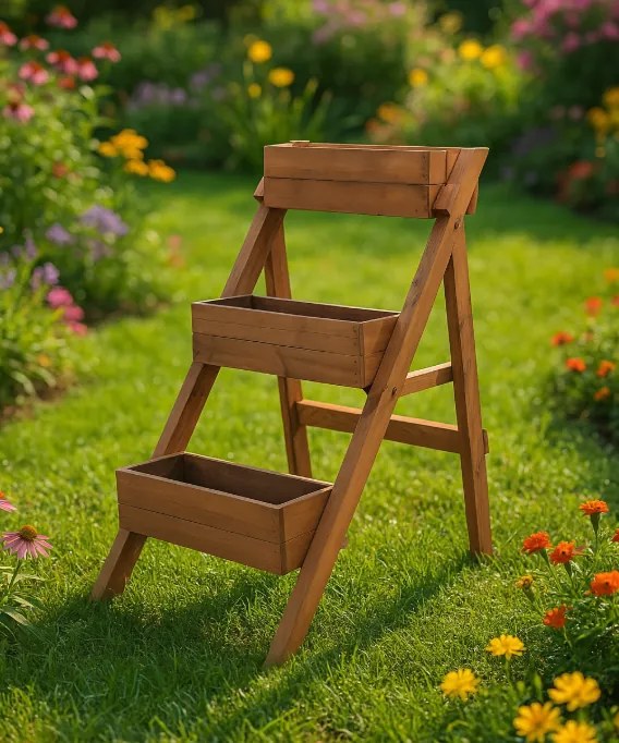 Suport de flori din lemn Vas de flori cu 3 niveluri din lemn natural