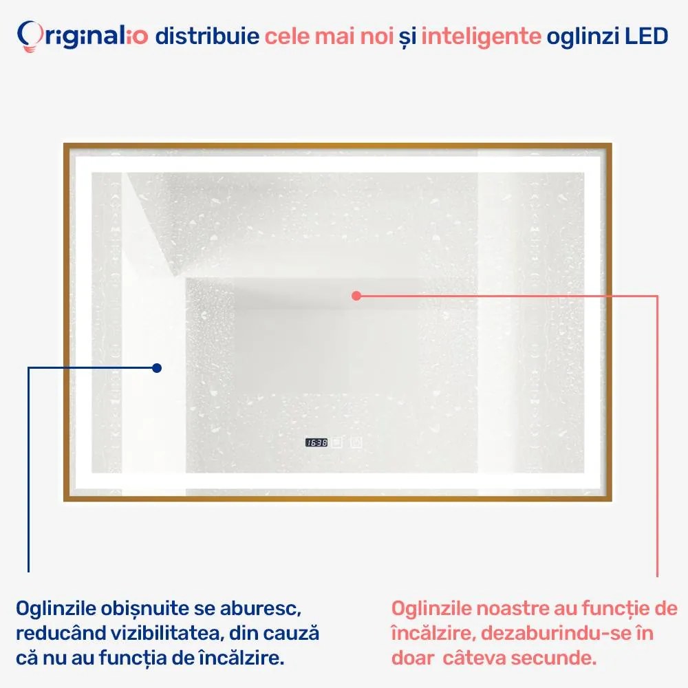 Oglindă LED Dreptunghiulară (100x65 cm), 3 Moduri Iluminare (Lumină Rece, Naturală, Caldă), Intensitate Reglabilă, Funcție Dezaburire, Ceas (Timer) și Termometru, Ramă Aluminiu, Control Tactil (Touch)