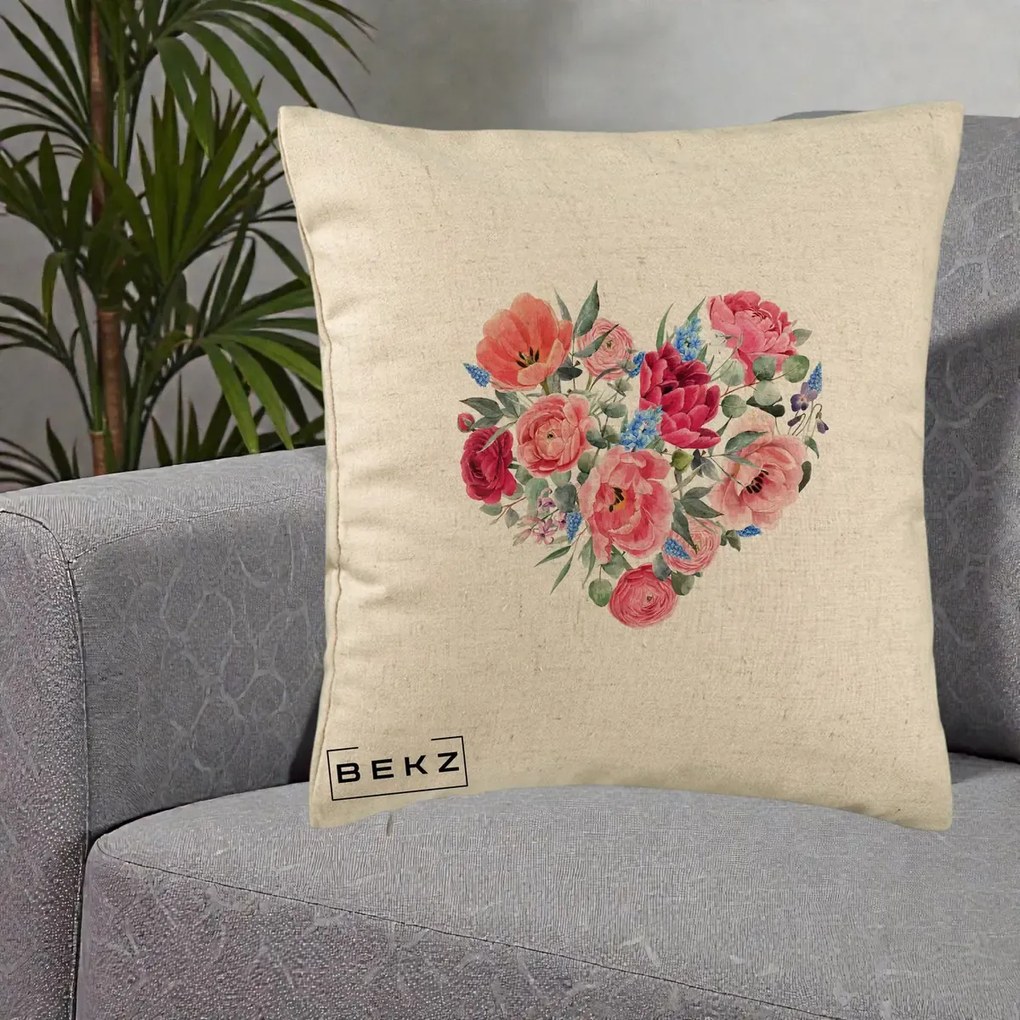 Perna Decorativa Inima din Bujori Acuarela, 40x40 cm, Bej, Husa Detasabila, Perna Inclusa, BEKZ®