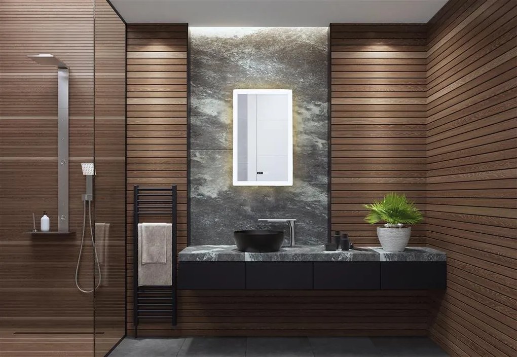 Oglinda baie cu iluminat LED, ceas digital si dezaburire Rectangle, 60x90cm
