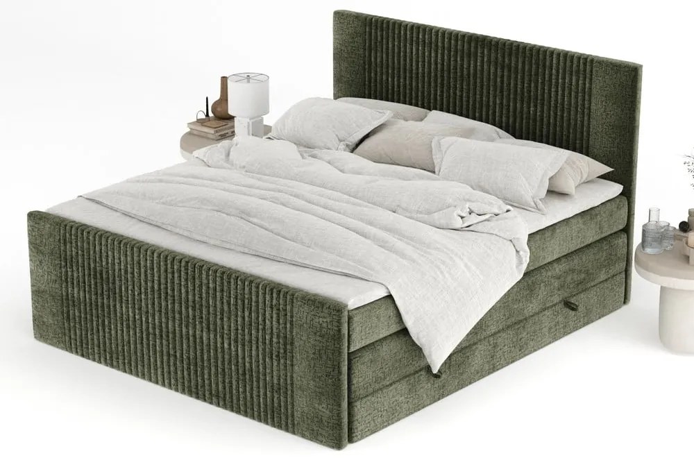 Pat boxspring verde închis cu spațiu de depozitare 140x200 cm Bergamo – Maison de Rêve