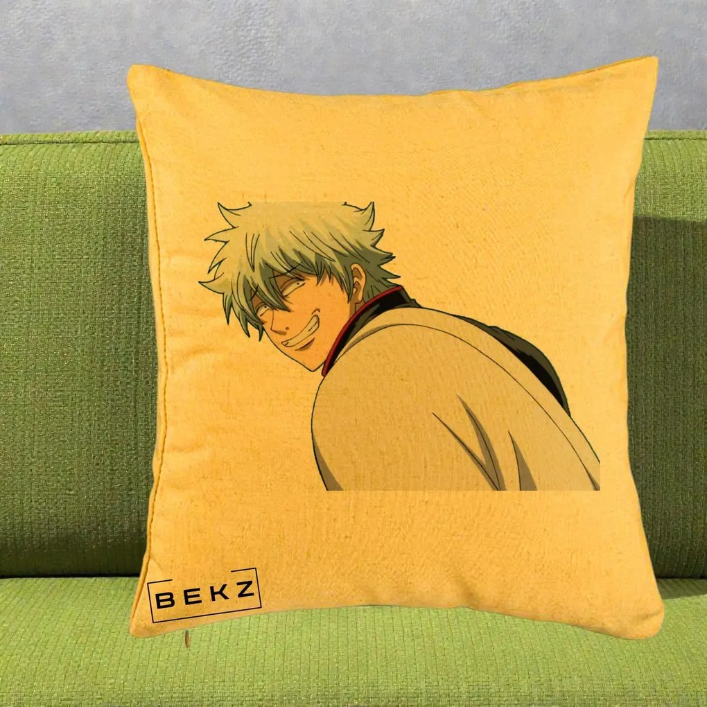 Perna Personalizata Gintama Gintoki Portret cu Zambet, 40x40 cm, Galben, Husa Detasabila, Perna Inclusa, BEKZ®