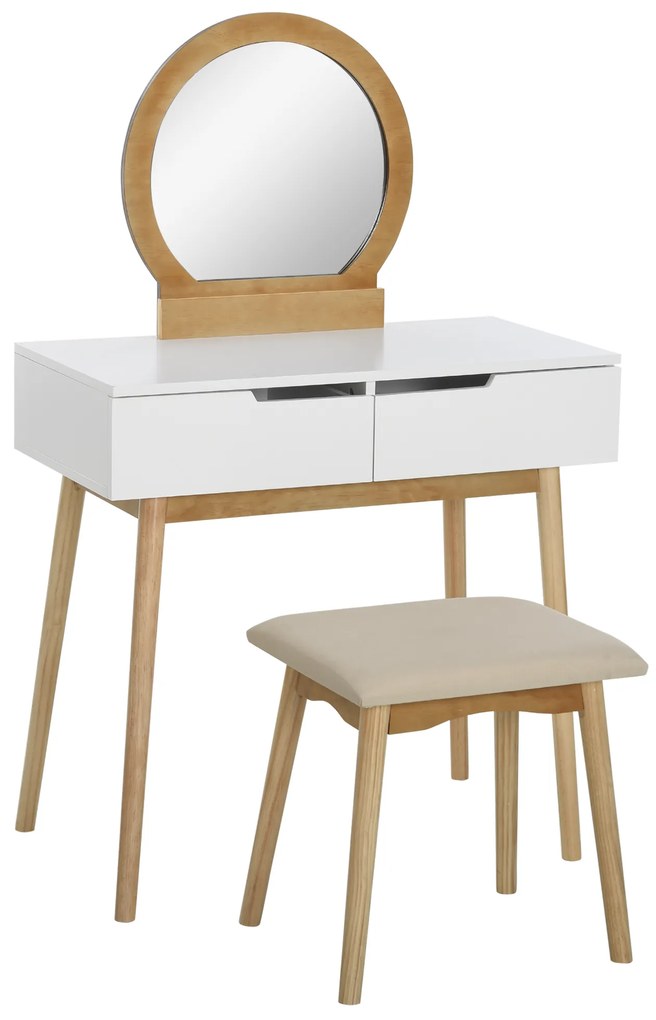 HOMCOM Coafetoare Design scandinav Masă de Machiaj cu Oglindă, 2 sertare și Taburet Alb pin Deschis | Aosom Romania