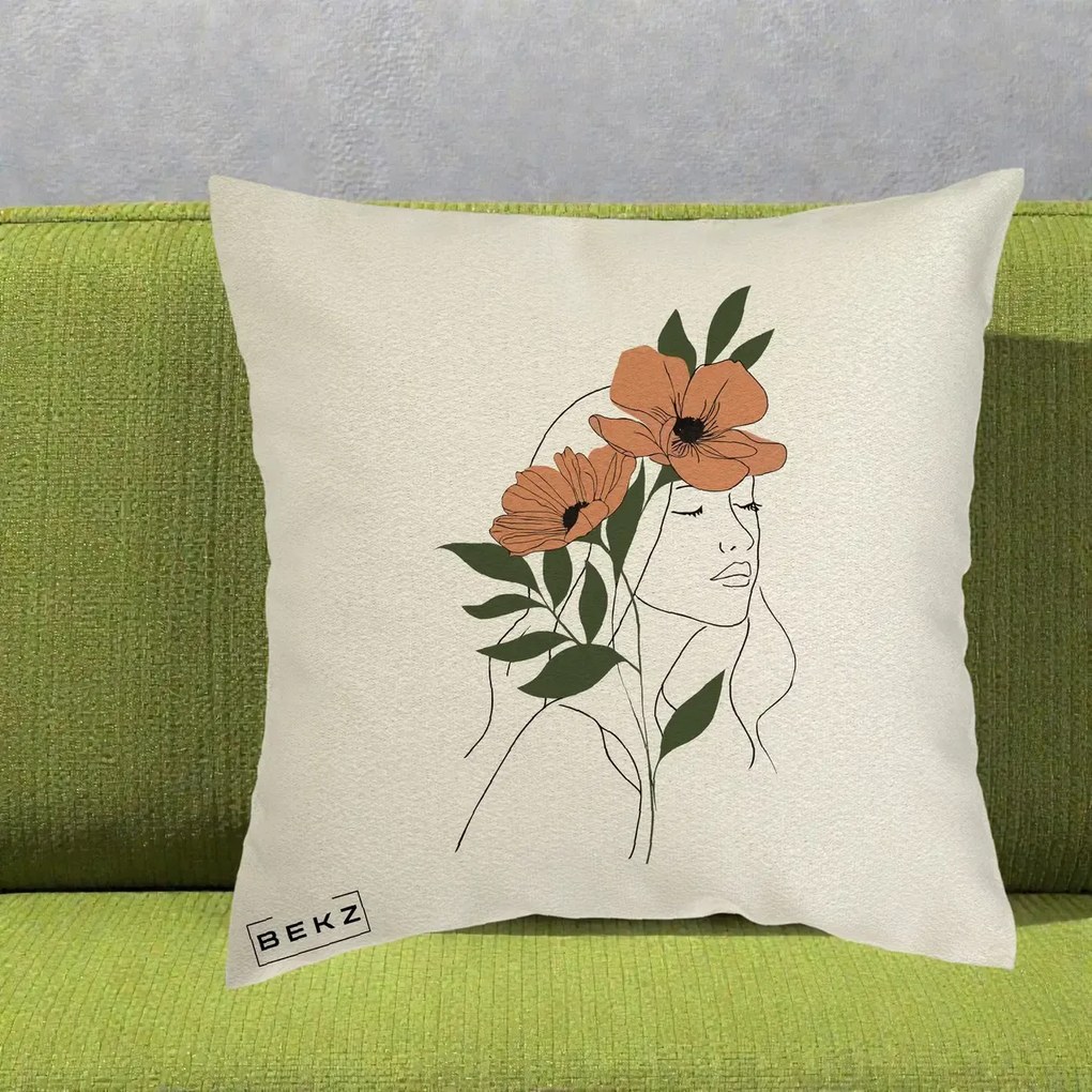 Perna Decorativa Portret Feminin Doua Maci Terracotta, 40x40 cm, Ecru, Husa Detasabila, Perna Inclusa, BEKZ®