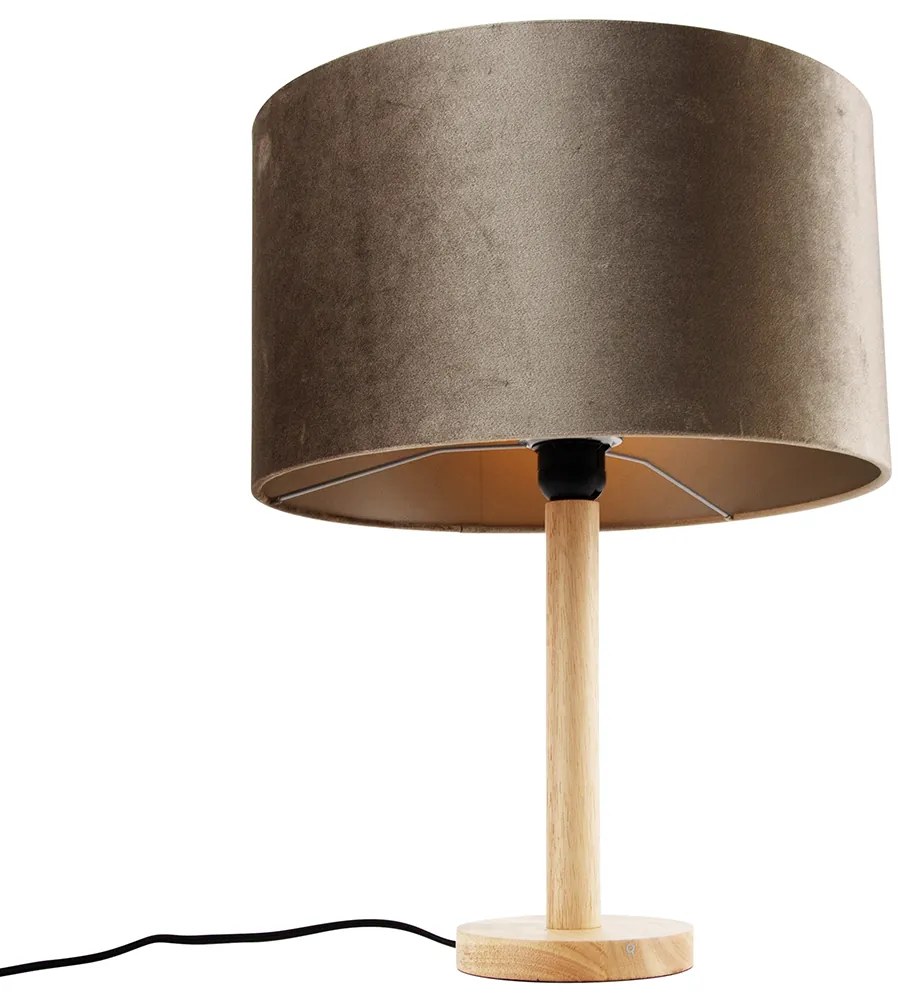 Lampă de masă din lemn cu abajur de catifea gri-maroniu 35cm - Mels