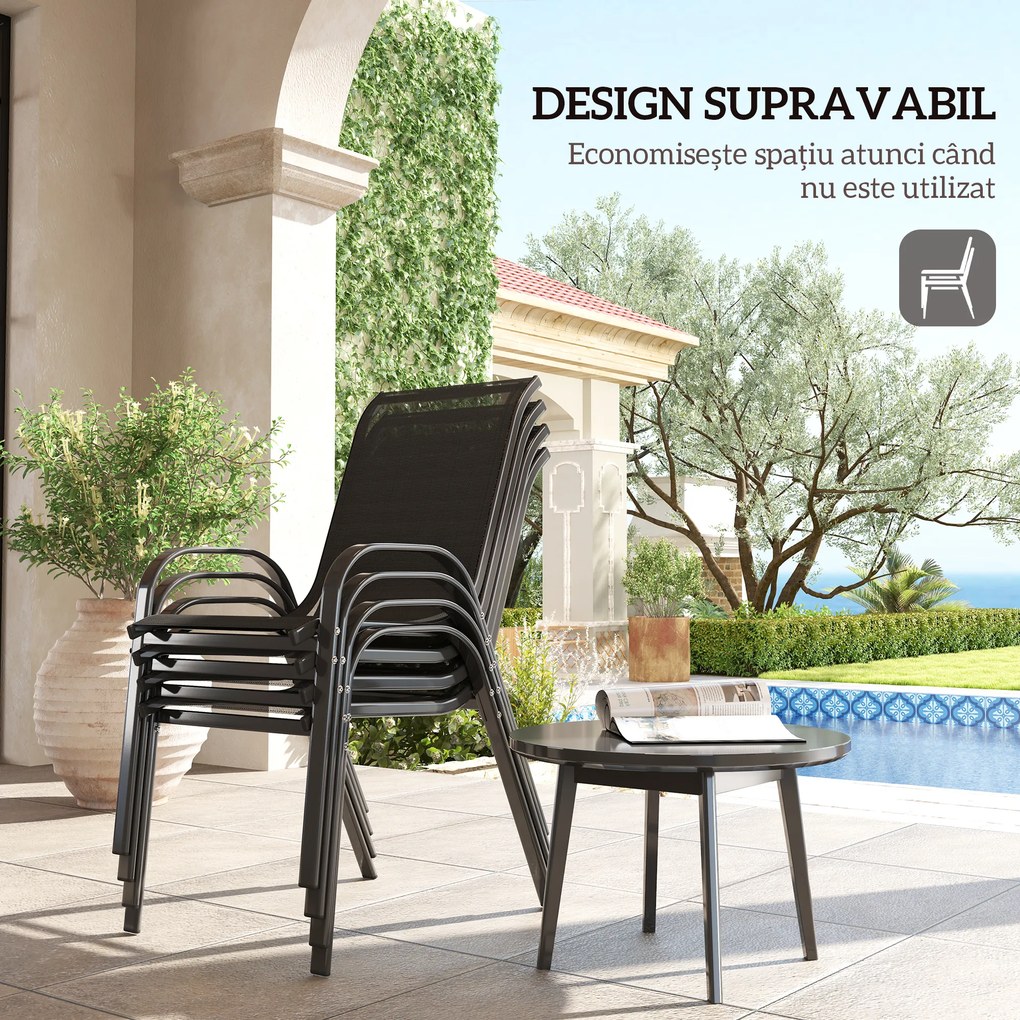 Outsunny Set de 4 Scaune Suprapozabile cu Spătar Înalt și șezut din Plasă, 54x71x93 cm, Negru | Aosom Romania