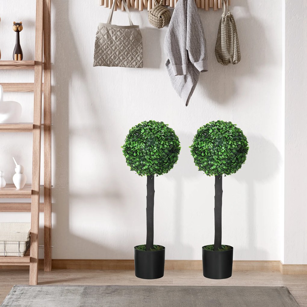 HOMCOM Set de 2 plante mingi de bux artificial cu trunchi si ghiveci inclus - inaltime 60 cm | Aosom Romania