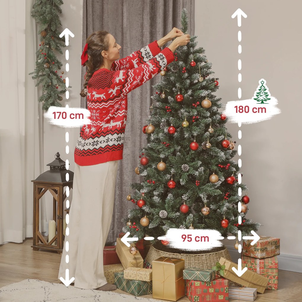 HOMCOM Brad de Crăciun Înalt Înzăpezit 180 cm cu 620 de Ramuri, Brad Artificial de Interior cu Conuri și Boabe Roșii Decorative, Bază din Metal, Verde | Aosom Romania