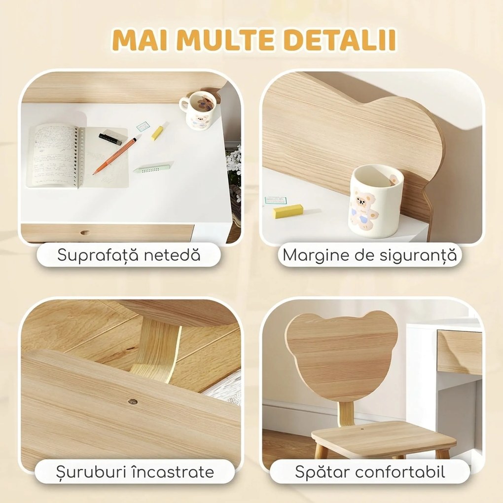 AIYAPLAY Set birou pentru copii cu sertar și scaun cu spătar ursuleț, 3-8 ani, culoare lemn | Aosom Romania