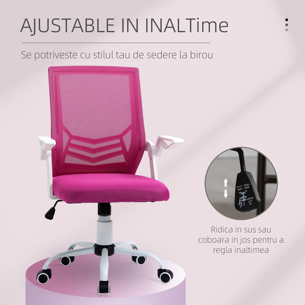 Scaun de Birou Ergonomic Vinsetto cu Cotiere si Suport Lombar, Pivotant, Inaltime Reglabila, Tesatura Roz | Aosom Romania