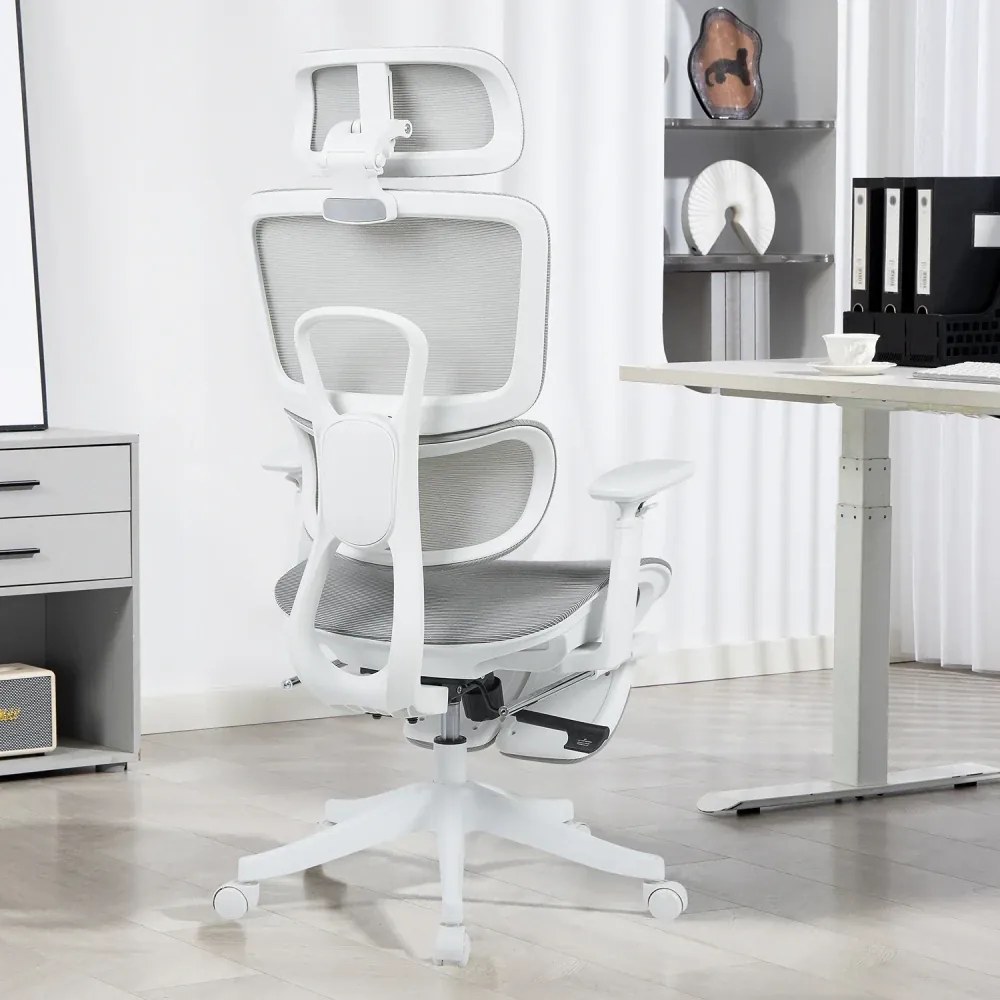 RESIGILAT- Scaun Ergonomic Premium Mesh cu Suport pentru Picioare, Reclinare 145°, Tetieră Reglabilă, Cotiere 3D, Suport Lombar Elastic și Șezut cu adâncime reglabilă, Gri