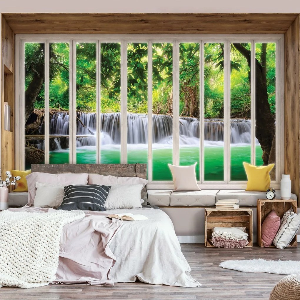 Fototapet - Privie  din geam spre cascadă (152,5x104 cm)