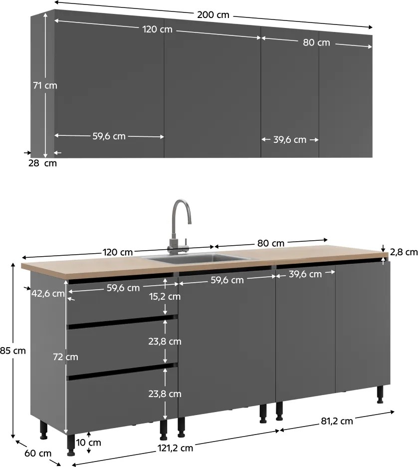Mobilier de bucătărie, 2 m, grafit, ASTI
