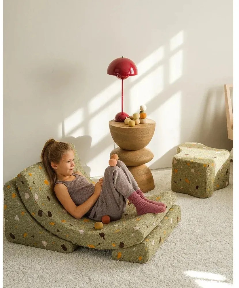 Puf de copii verde cu tapițerie din țesătură bouclé/cu tapițerie din chenille Terrazzo Cloud – Wigiwama