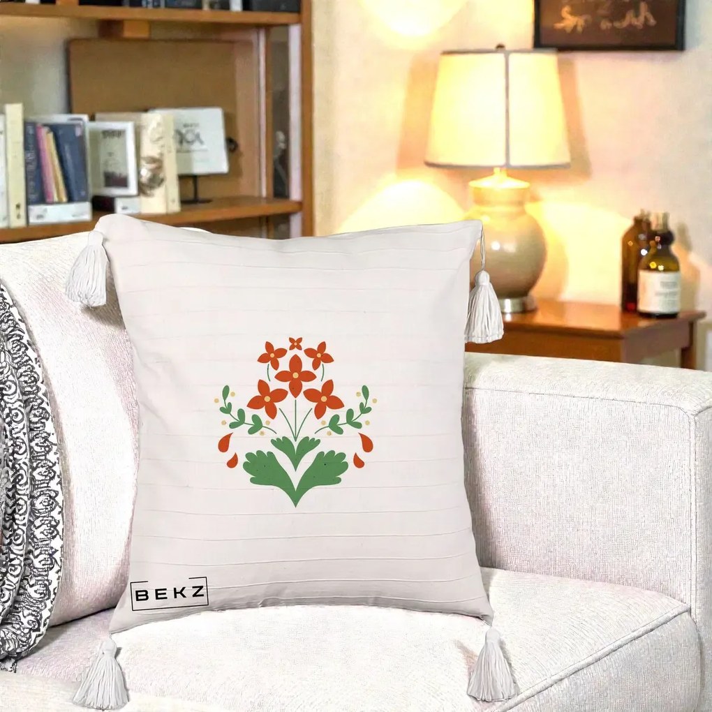 Perna Decorativa Buchet Floral Folk Rosu-Verde, 40x40 cm, Bej cu Franjuri, Husa Detasabila, Perna Inclusa, BEKZ®