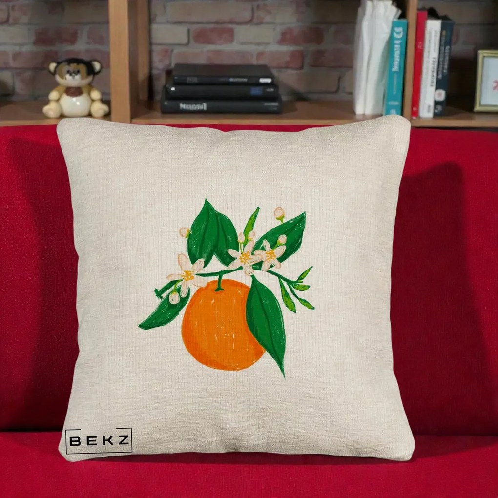 Perna Decorativa Portocala in Floare, 40x40 cm, Bej Canapea, Husa Detasabila, Perna Inclusa, BEKZ®