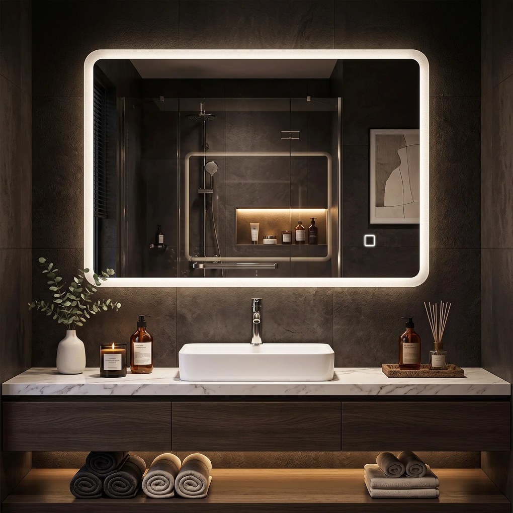 HOMCOM Oglindă de Baie cu LED 70x100 cm, 3 Culori de Lumină, Dimabilă, Antiaburire, Touch, Memorie | Aosom Romania