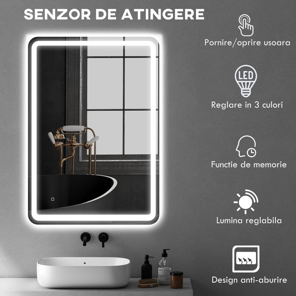 kleankin Oglinda pentru Baie cu Lumini LED, 70x50 cm, Argintiu | Aosom Romania